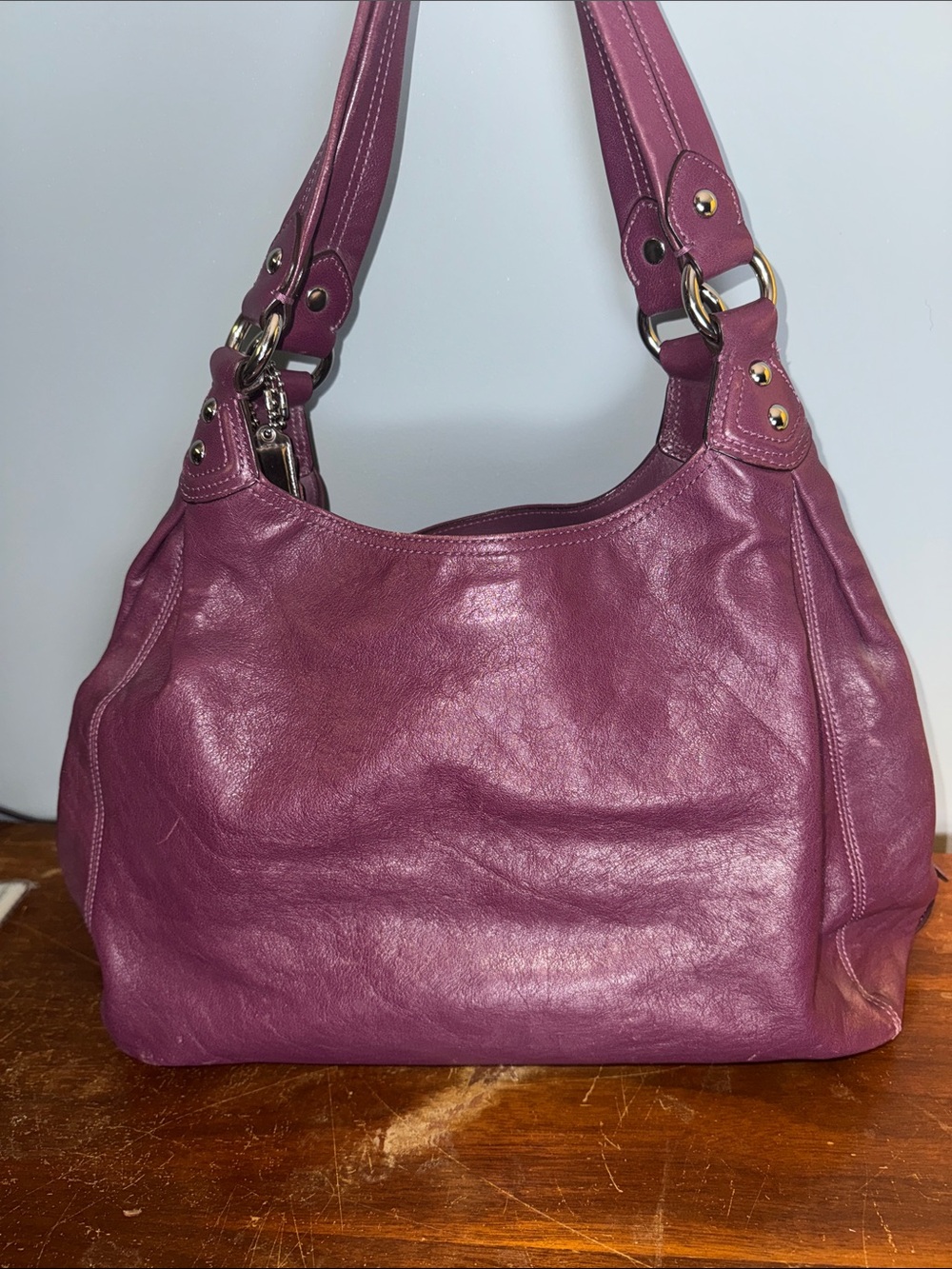 Coach Plum Leather Shoulder Bag with Silver Hardware - Picture 10 of 15